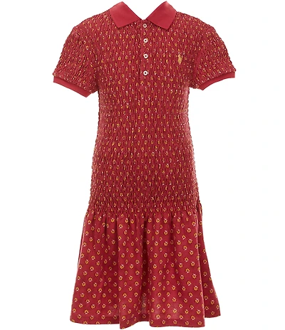 Polo Ralph Lauren Big Girls Short-Sleeve Floral Smocked Stretch Mesh Polo Dress