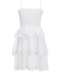 Polo Ralph Lauren Big Girls Sleeveless Smocked Peplum Hem Bodice Eyelet Embroidered Trim Tiered Fit-And-Flare Jersey Dress