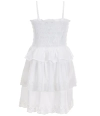Polo Ralph Lauren Big Girls Sleeveless Smocked Peplum Hem Bodice Eyelet Embroidered Trim Tiered Fit-And-Flare Jersey Dress