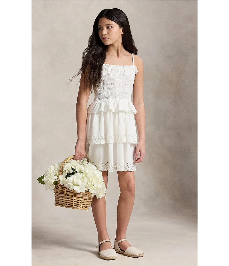Polo Ralph Lauren Big Girls Sleeveless Smocked Peplum Hem Bodice Eyelet Embroidered Trim Tiered Fit-And-Flare Jersey Dress