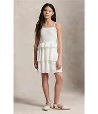Polo Ralph Lauren Big Girls Sleeveless Smocked Peplum Hem Bodice Eyelet Embroidered Trim Tiered Fit-And-Flare Jersey Dress