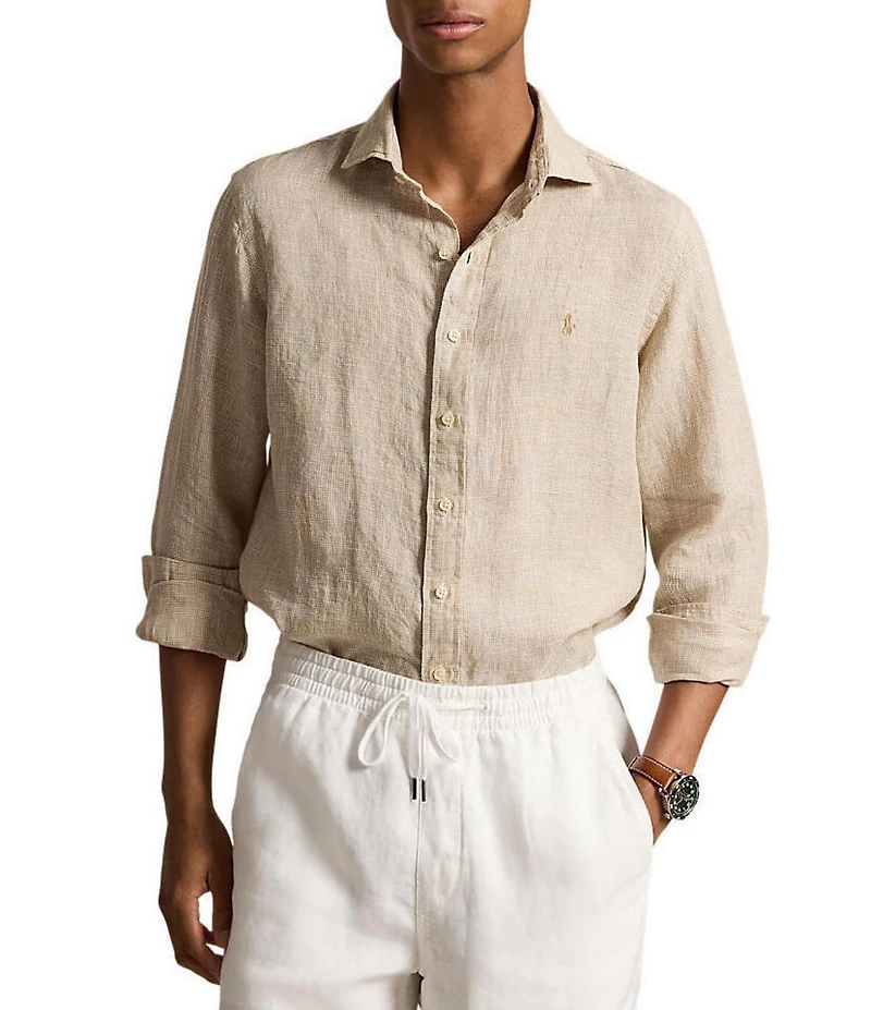 Polo Ralph Lauren Classic Fit Houndstooth Linen Long Sleeve Woven Shirt