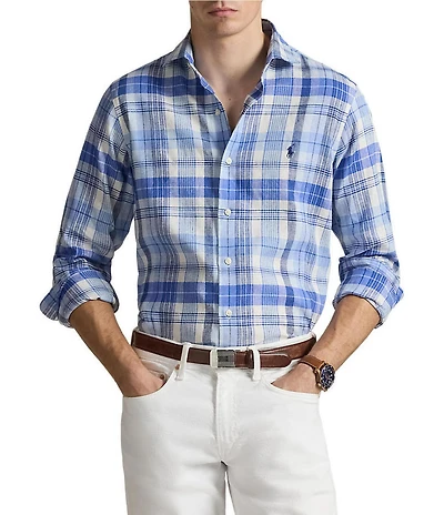 Polo Ralph Lauren Classic Fit Plaid Stretch Linen Blend Long Sleeve Woven Shirt