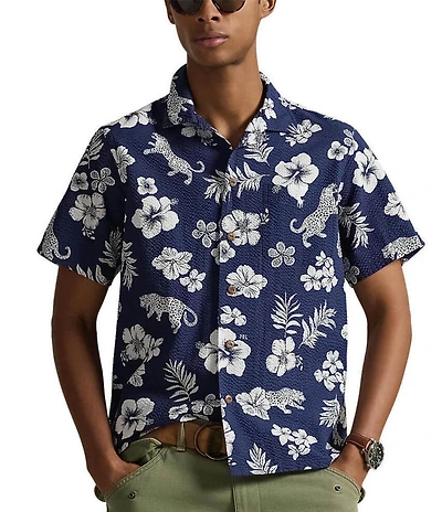 Polo Ralph Lauren Classic Fit Seersucker Jaguar Tropical Print Short Sleeve Woven Camp Shirt