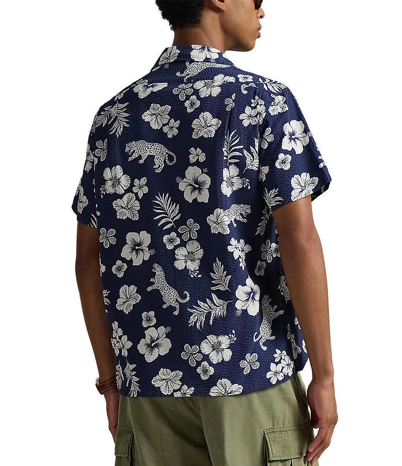 Polo Ralph Lauren Classic Fit Seersucker Jaguar Tropical Print Short Sleeve Woven Camp Shirt