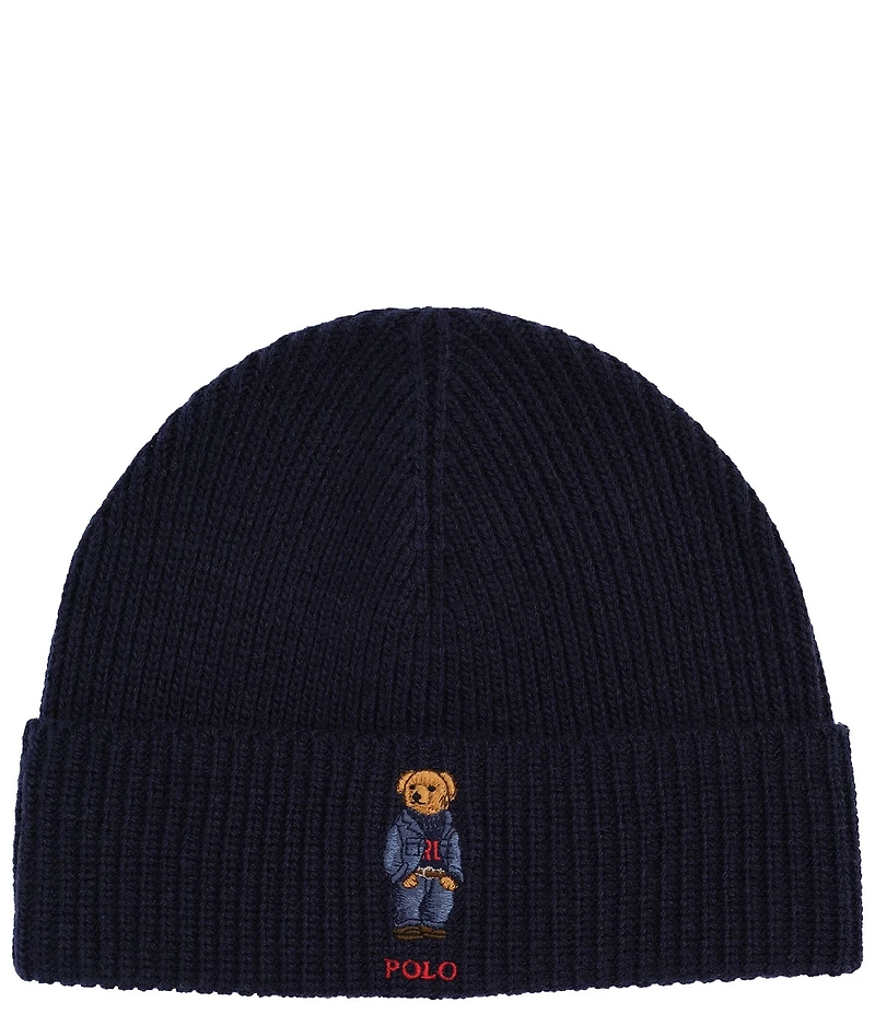 Polo Ralph Lauren Denim Bear Embroidered Knit Wool Blend Beanie