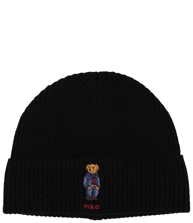 Polo Ralph Lauren Denim Bear Embroidered Knit Wool Blend Beanie