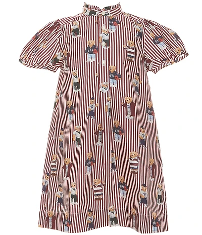 Polo Ralph Lauren Little Girls Balloon-Sleeve Polo Bear Striped Poplin Dress