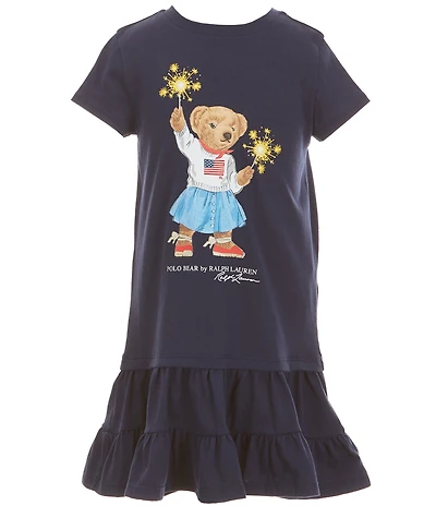 Polo Ralph Lauren Little Girls Short Sleeve Polo Bear Tiered Drop Waist Dress