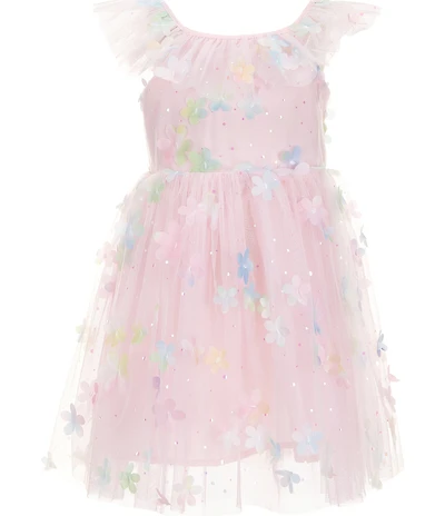 Popatu Little Girls Flutter Sleeve 3D Flowers/Shimmer Fit-and-Flare Mesh Dress