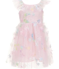 Popatu Little Girls Flutter Sleeve 3D Flowers/Shimmer Fit-and-Flare Mesh Dress