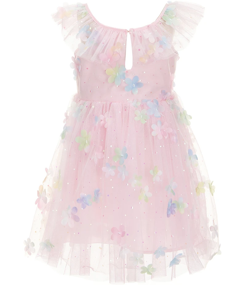 Popatu Little Girls Flutter Sleeve 3D Flowers/Shimmer Fit-and-Flare Mesh Dress