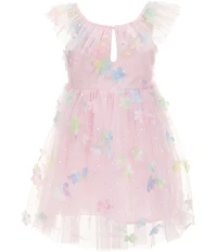 Popatu Little Girls Flutter Sleeve 3D Flowers/Shimmer Fit-and-Flare Mesh Dress