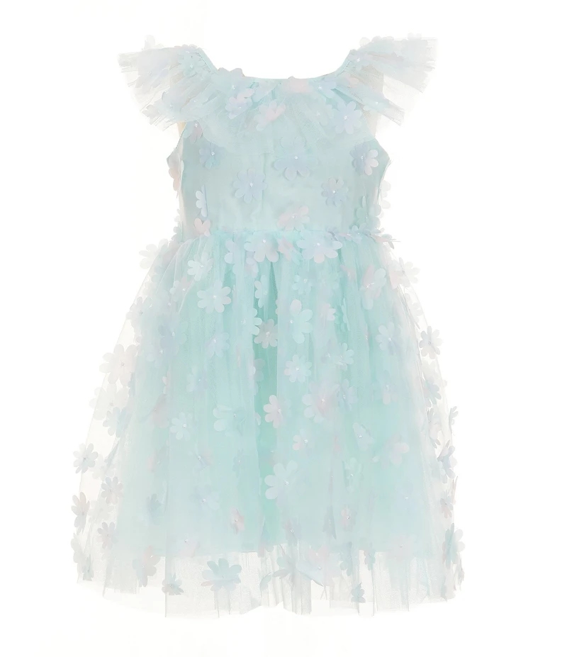 Popatu Little Girls Flutter-Sleeve 3D Floral-Appliqued-Overlay Fit-And-Flare Dress