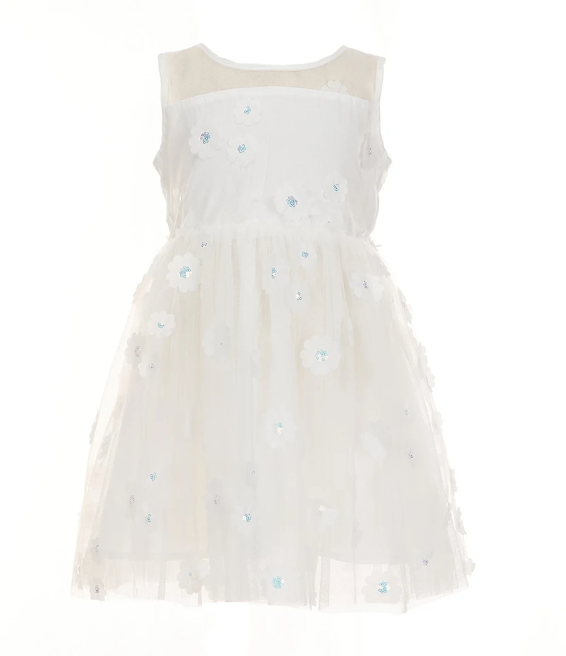 Popatu Little Girls Sleeveless Floral-Appliqued Mesh-Overlay Fit-And-Flare Dress