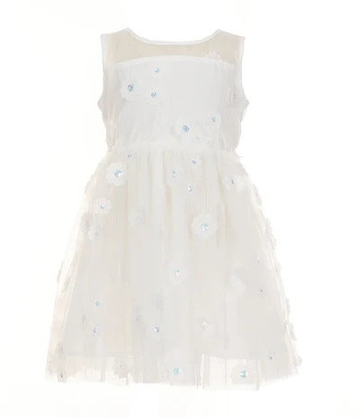 Popatu Little Girls Sleeveless Floral-Appliqued Mesh-Overlay Fit-And-Flare Dress