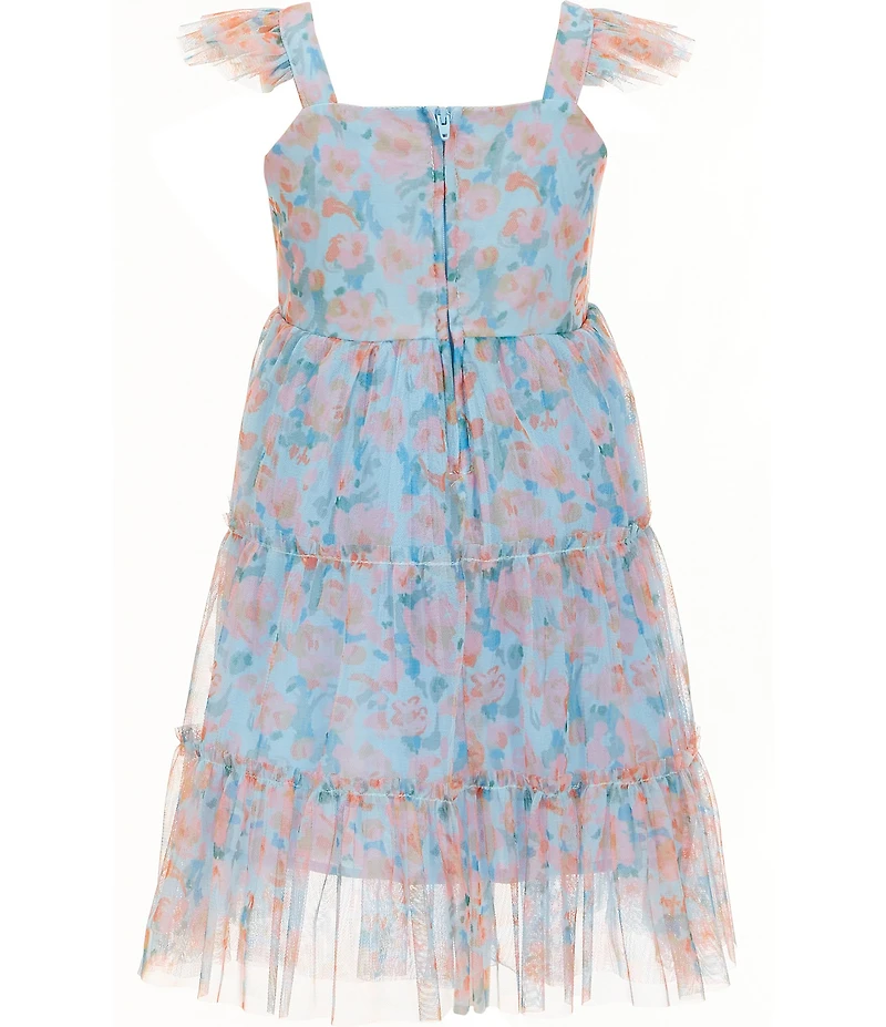 Popatu Little Girls Floral Print Square Neck Flutter Sleeve Chiffon Dress