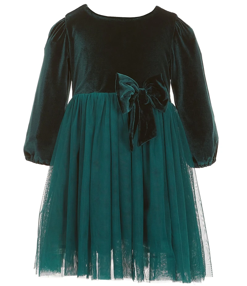 Popatu Little Girls Long-Sleeve Velvet/Mesh-Overlay Skirted Fit-And-Flare Dress