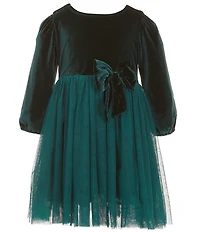 Popatu Little Girls Long-Sleeve Velvet/Mesh-Overlay Skirted Fit-And-Flare Dress