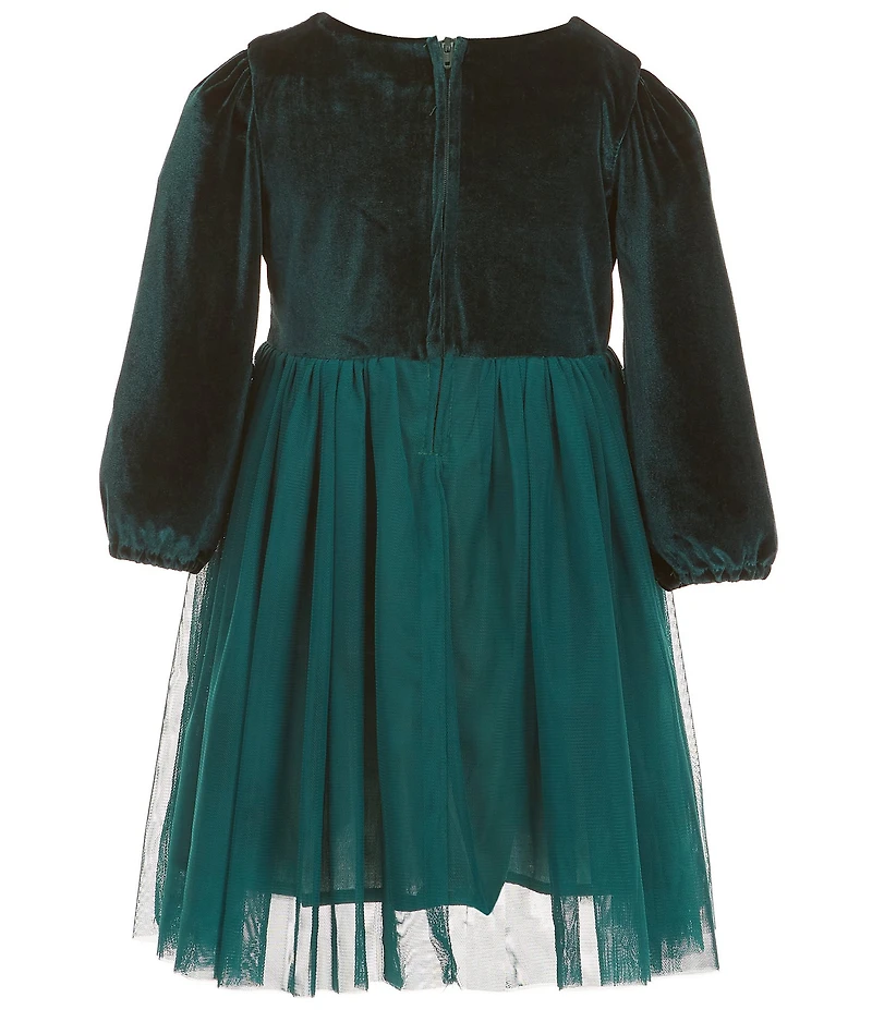 Popatu Little Girls Long-Sleeve Velvet/Mesh-Overlay Skirted Fit-And-Flare Dress