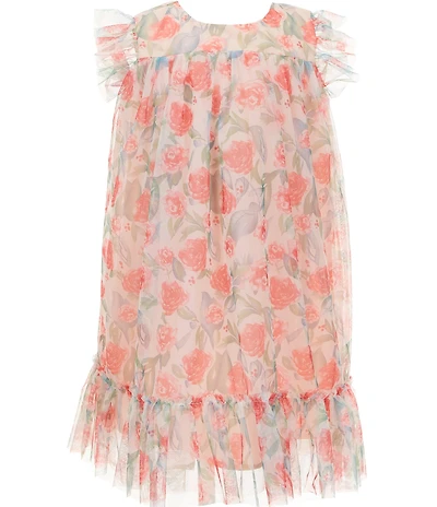 Popatu Little Girls Short Flutter Sleeves Peach Floral Chiffon Dress