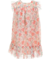 Popatu Little Girls Short Flutter Sleeves Peach Floral Chiffon Dress