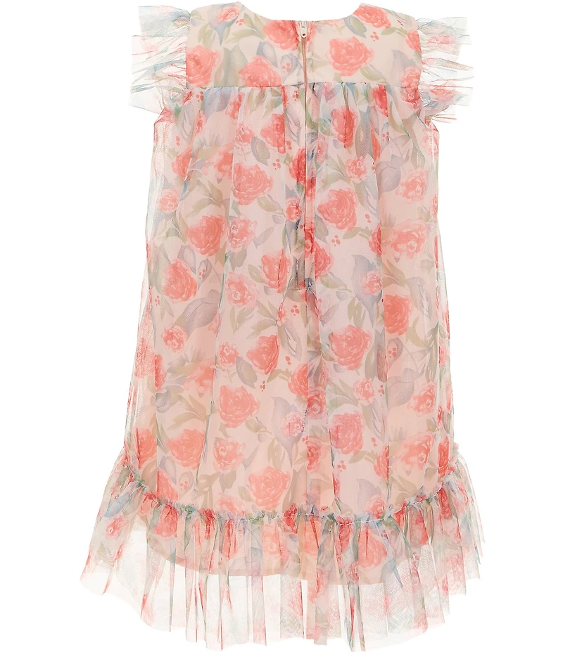 Popatu Little Girls Short Flutter Sleeves Peach Floral Chiffon Dress