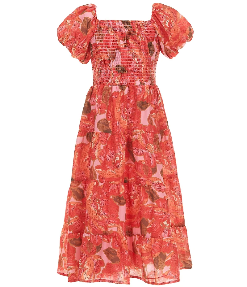 Poppies and Roses Big Girls Bubble-Sleeve Floral Printed Midi Dress