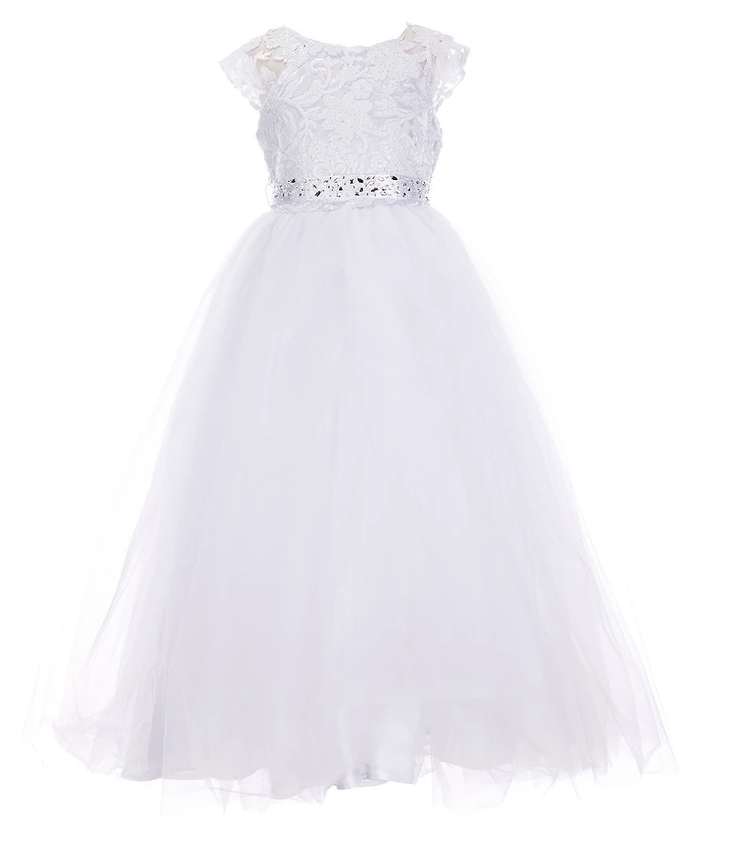 Poppies and Roses Big Girls Cap Sleeve Jeweled Waist Lace-To-Tulle Dress