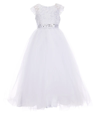 Poppies and Roses Big Girls Cap Sleeve Jeweled Waist Lace-To-Tulle Dress