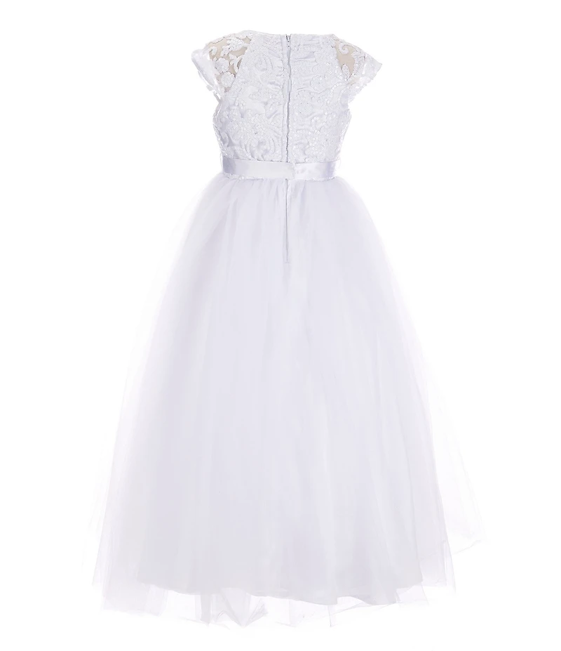 Poppies and Roses Big Girls Cap Sleeve Jeweled Waist Lace-To-Tulle Dress