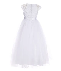 Poppies and Roses Big Girls Cap Sleeve Jeweled Waist Lace-To-Tulle Dress