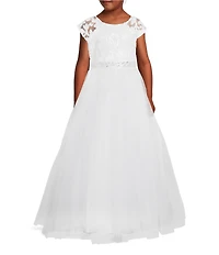 Poppies and Roses Big Girls Cap Sleeve Jeweled Waist Lace-To-Tulle Dress