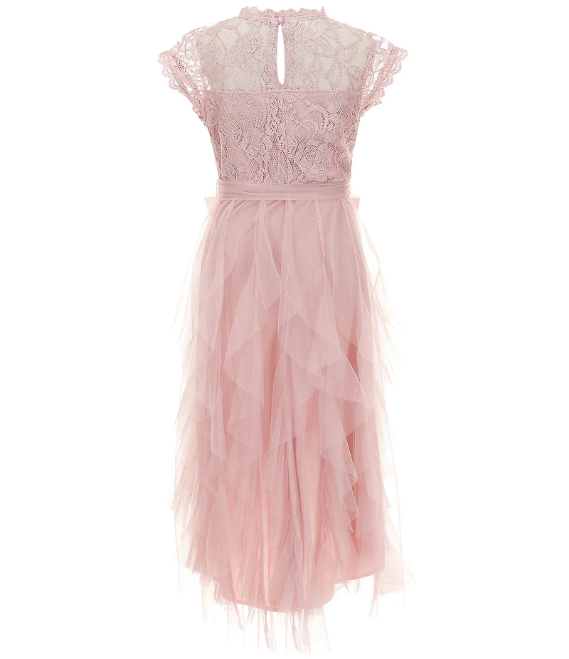 Poppies and Roses Big Girls Flutter-Sleeve Lace-Bodice/Cascading Mesh High-Low-Hem Ballgown