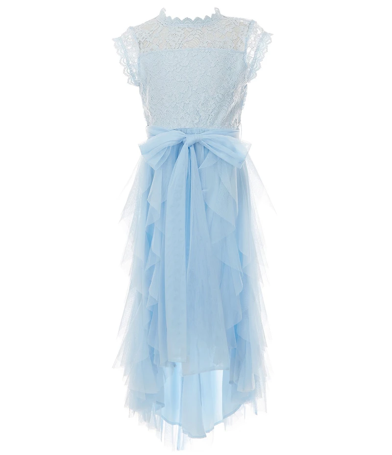 Poppies and Roses Big Girls Flutter Sleeve Lace & Cascading Mesh High Low Hem Dress