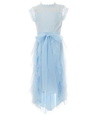 Poppies and Roses Big Girls Flutter Sleeve Lace & Cascading Mesh High Low Hem Dress