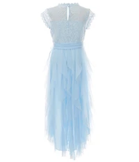 Poppies and Roses Big Girls Flutter Sleeve Lace & Cascading Mesh High Low Hem Dress