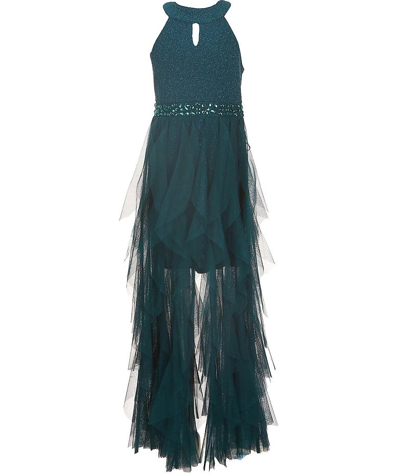 Poppies and Roses Big Girls Glitter-Knit/Tulle-Cascading-Overlay Skirted Ballgown