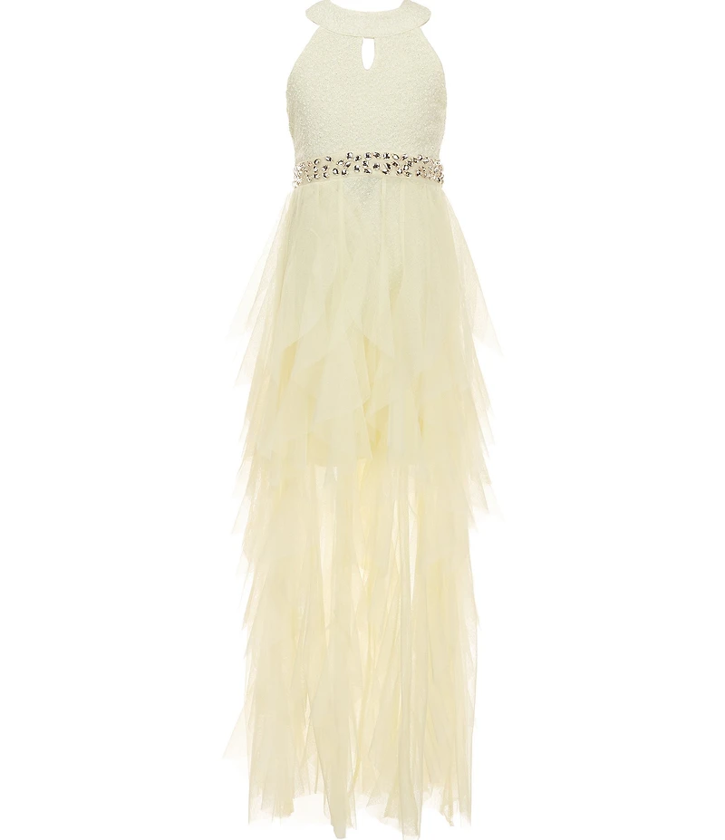 Poppies and Roses Big Girls Glitter-Knit/Tulle-Cascading-Overlay Skirted Maxi Dress