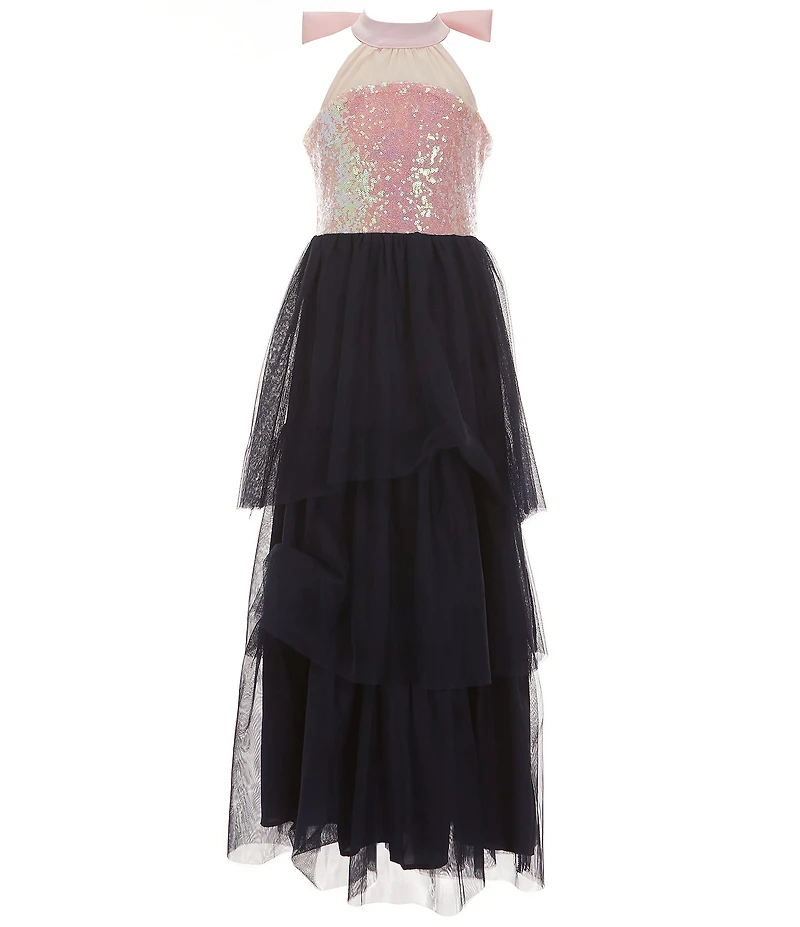 Poppies and Roses Big Girls Halter-Neck Sequin-Embellished Bodice/Sheer-Overlay-Skirted Ballgown