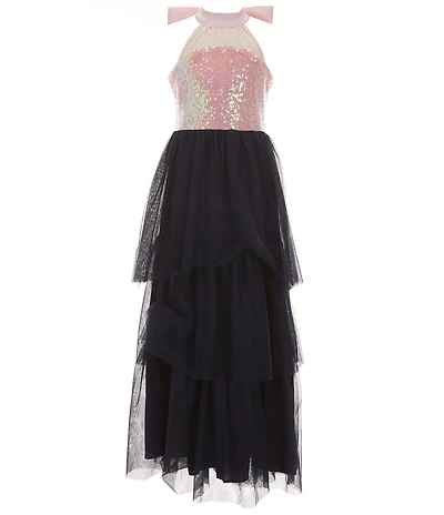 Poppies and Roses Big Girls Halter-Neck Sequin-Embellished Bodice/Sheer-Overlay-Skirted Ballgown