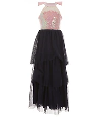 Poppies and Roses Big Girls Halter-Neck Sequin-Embellished Bodice/Sheer-Overlay-Skirted Ballgown
