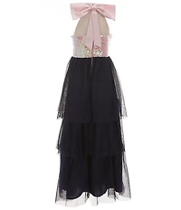 Poppies and Roses Big Girls Halter-Neck Sequin-Embellished Bodice/Sheer-Overlay-Skirted Ballgown