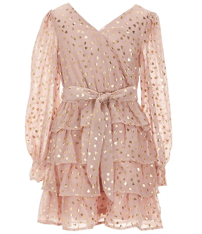 Poppies and Roses Big Girls Long Sleeve Heart-Printed Tiered Fit & Flare Dress