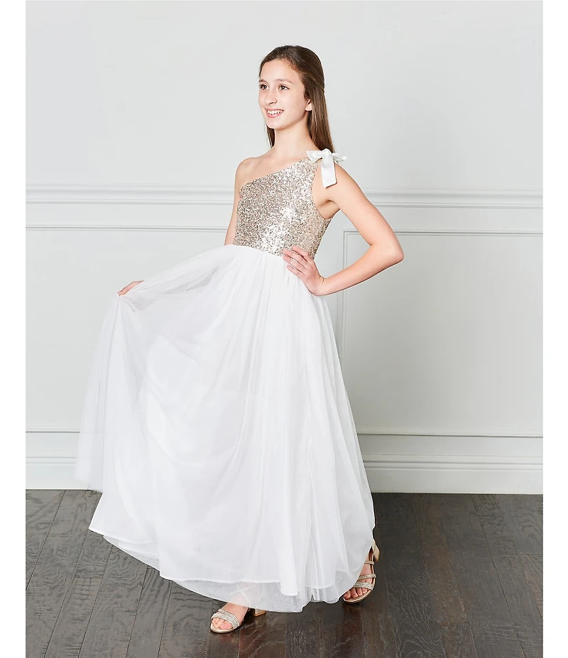 Poppies and Roses Big Girls One-Shoulder Sequin Bodice Ballgown