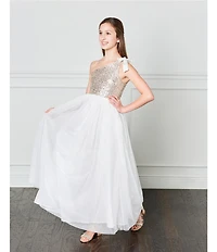Poppies and Roses Big Girls One-Shoulder Sequin Bodice Ballgown