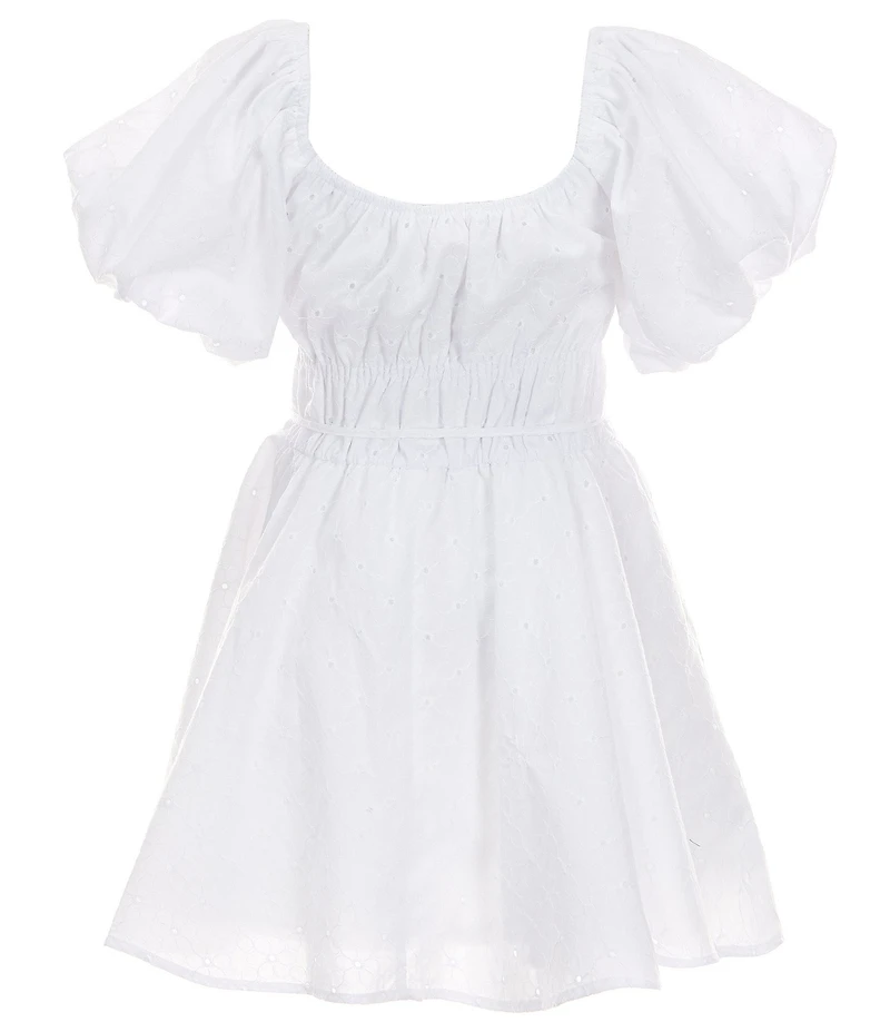 Poppies and Roses Big Girls Puffed Sleeve Eyelet Patterned Peasant Dress