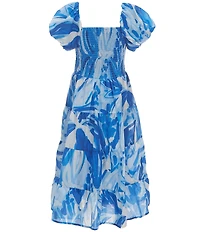 Poppies and Roses Big Girls Short Puff Sleeve Tropical-Printed Long Dress
