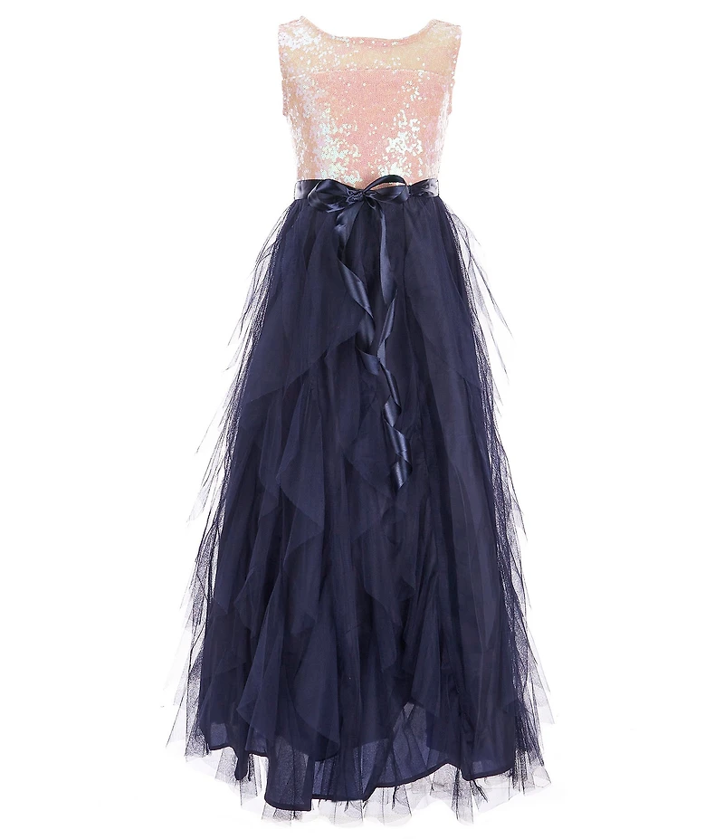 Poppies and Roses Big Girls Sleeveless Sequin Bodice Corkscrew Long Dress