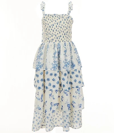 Poppies and Roses Big Girls Sleeveless Spaghetti Tie Strap Printed Tiered Dress